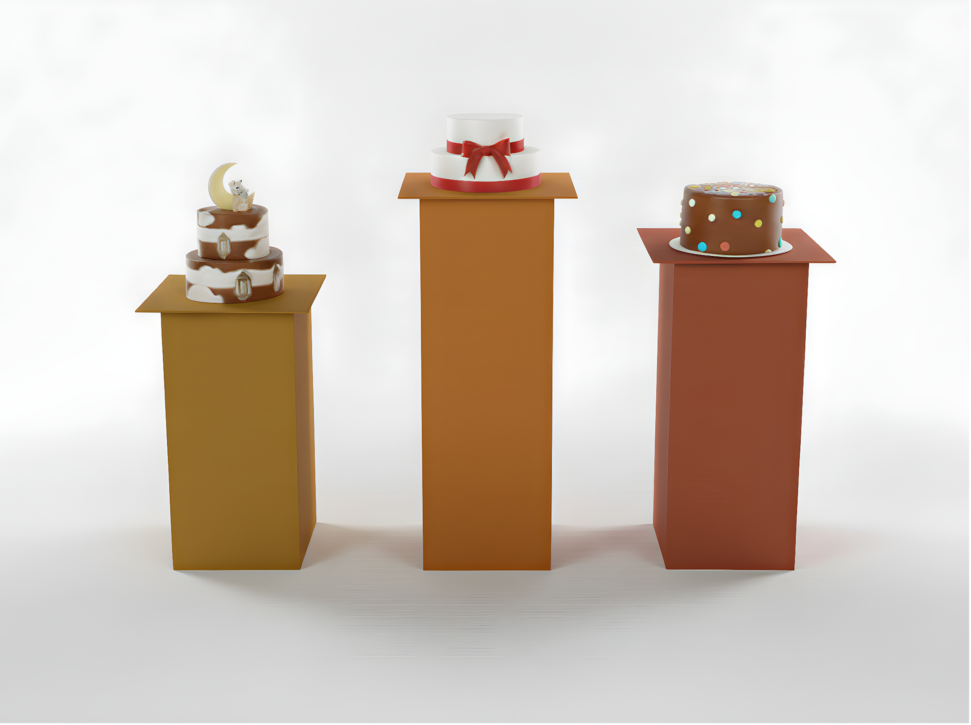 Three small cakes on stands against a white background